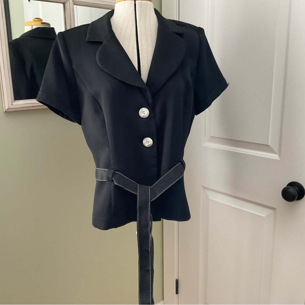 STUDIO ONE,  BLACK BLOUSE WITH WAIST BELT, SIZE: 16